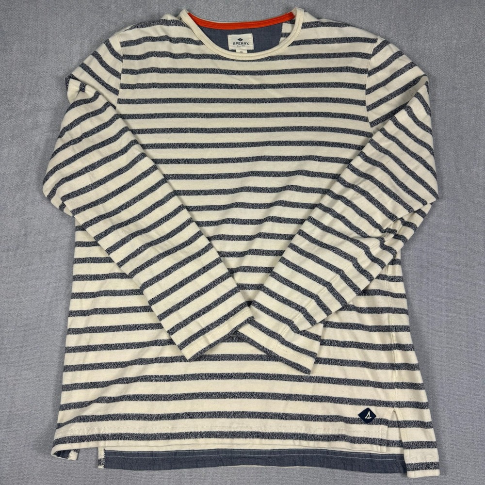 Sperry Striped‎ Long Sleeve Crew Neck Shirt Womens XL Cream Navy Cotton